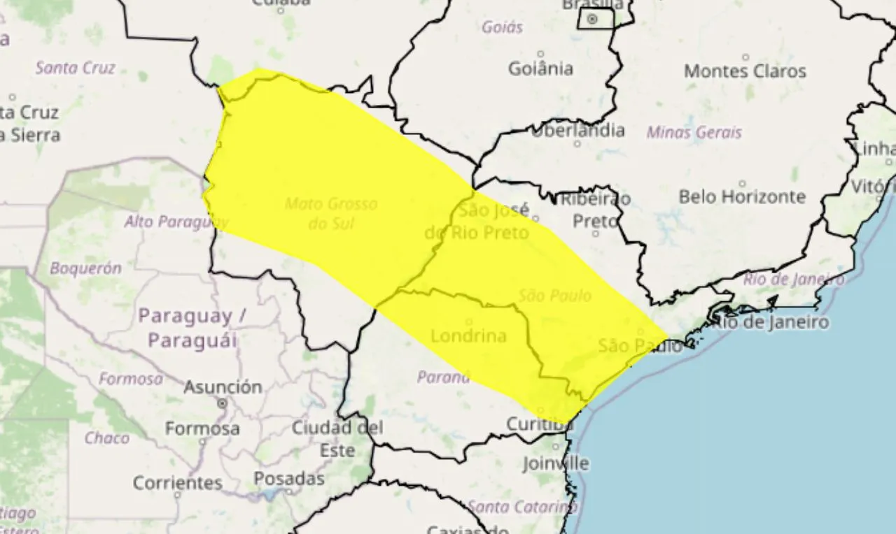 o mapa mostra as áreas em alerta para tempestade e granizo